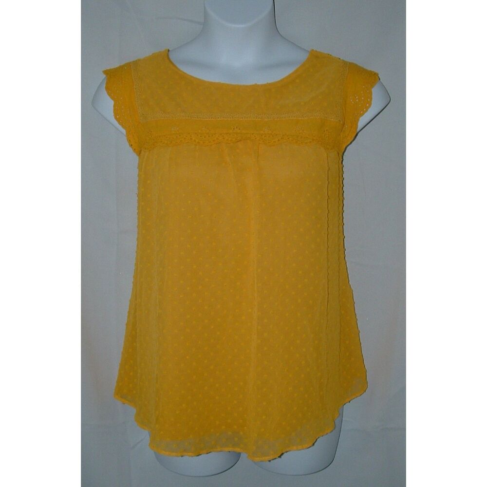 RAIN Golden Yellow Plus Sz 1X Lined Sleeveless Swiss Dot Eyelet Trim Boho Shirt
